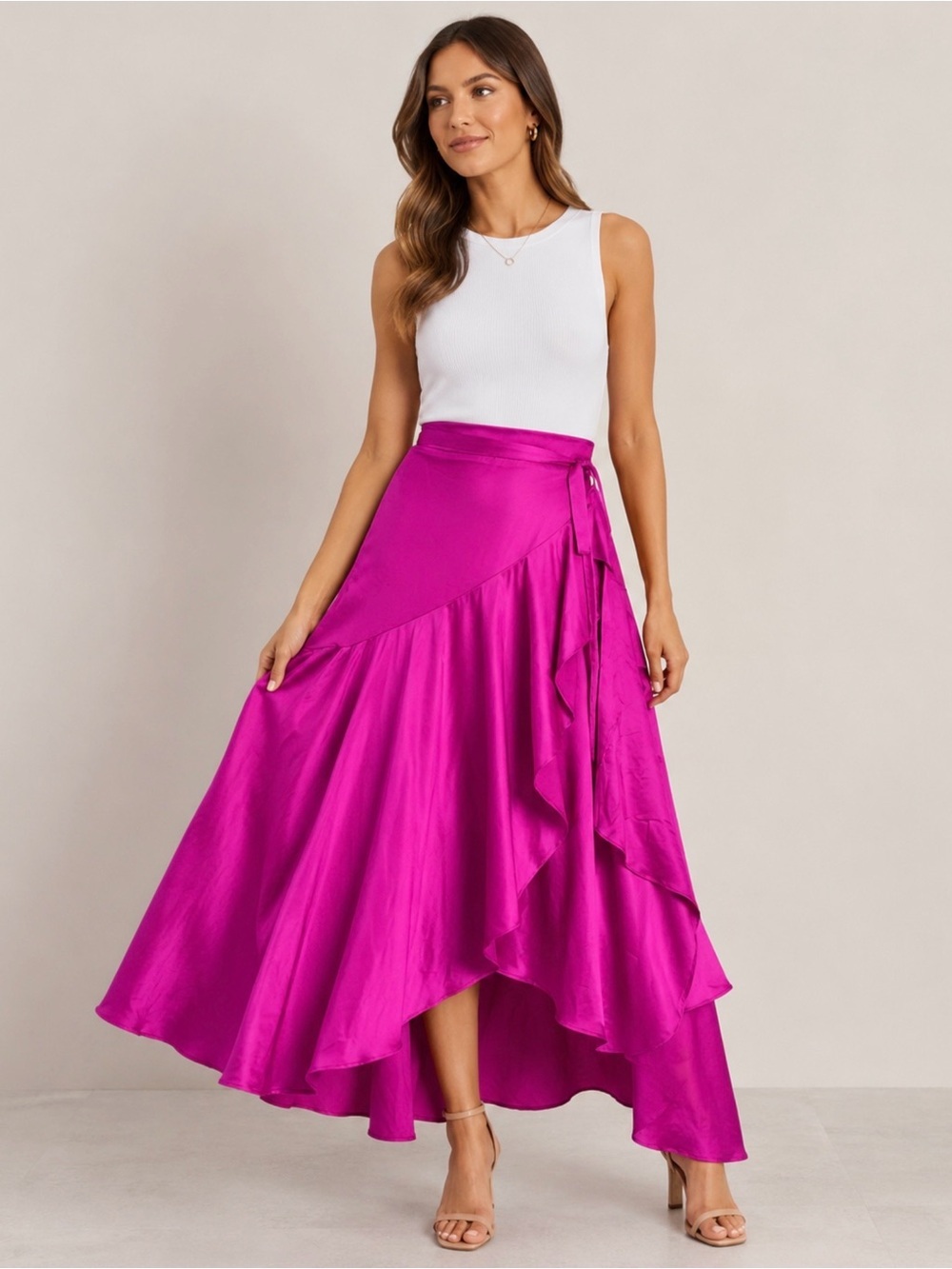 SHOWPO Hot Pink Satin Ruffle High-Low Maxi Skirt Size 6 / US 2.” Tie Waist
